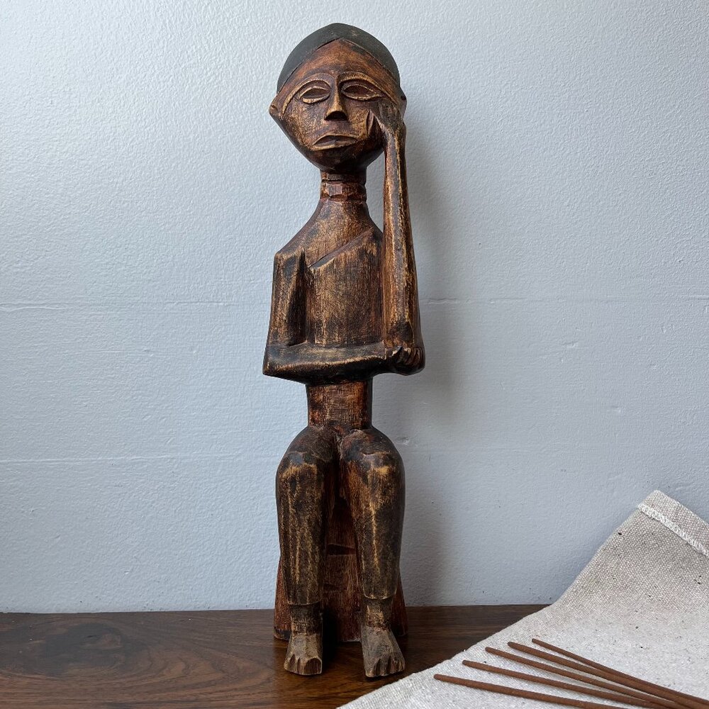 African Wood Carving Figure Sculpture Seated Man 16.5" Tall